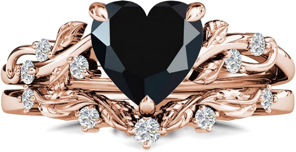Leaf Art Deco Heart Black Onyx Gemstone Engagement Ring Set for Women, 925 Sterling Silver Vintage Vine Bridal Wedding Promise Ring Set, Handmade Heart Cut Design, Available in Size 4–15