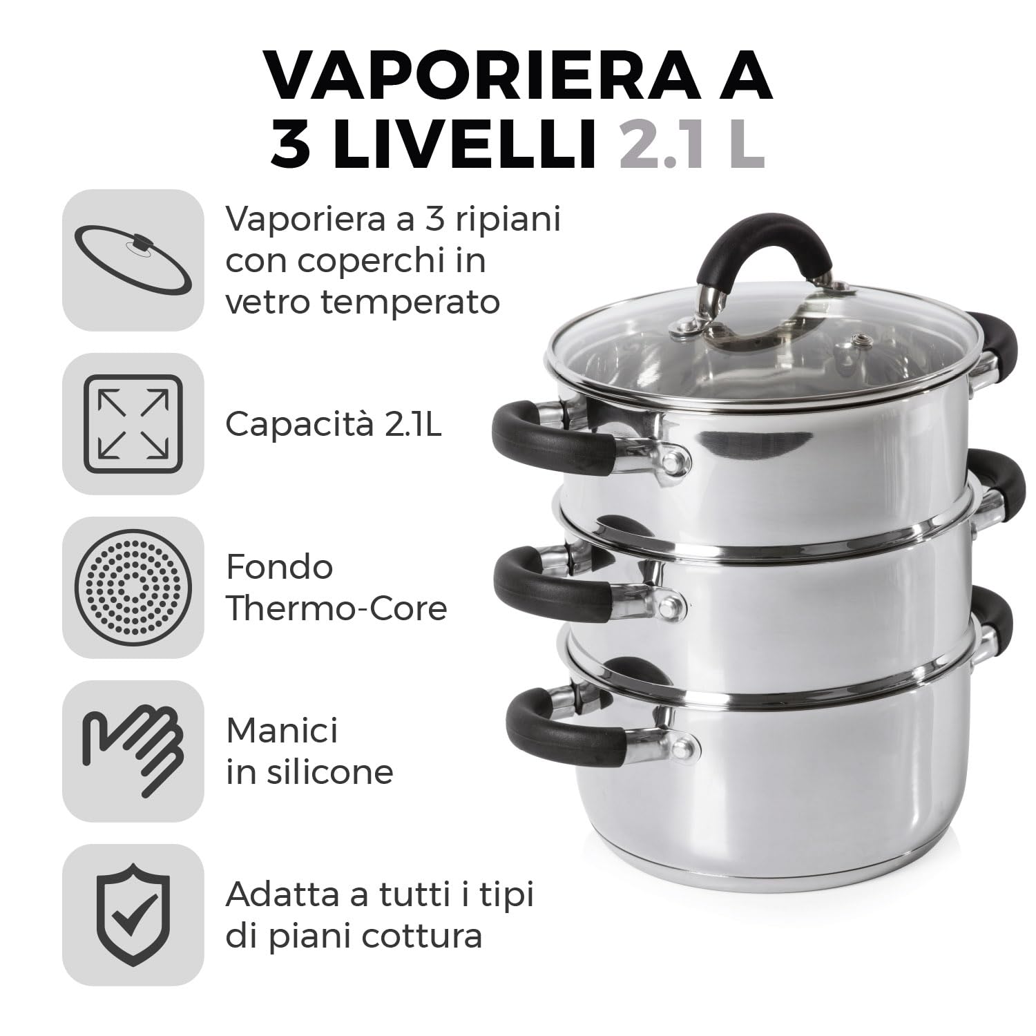 Tower T80836 Essentials Vaporiera Pentola Induzione per Cottura Vapore a 3 Ripiani con Coperchio in Vetro, in Acciaio Inox con Manici in Silicone, 18 cm, Argento