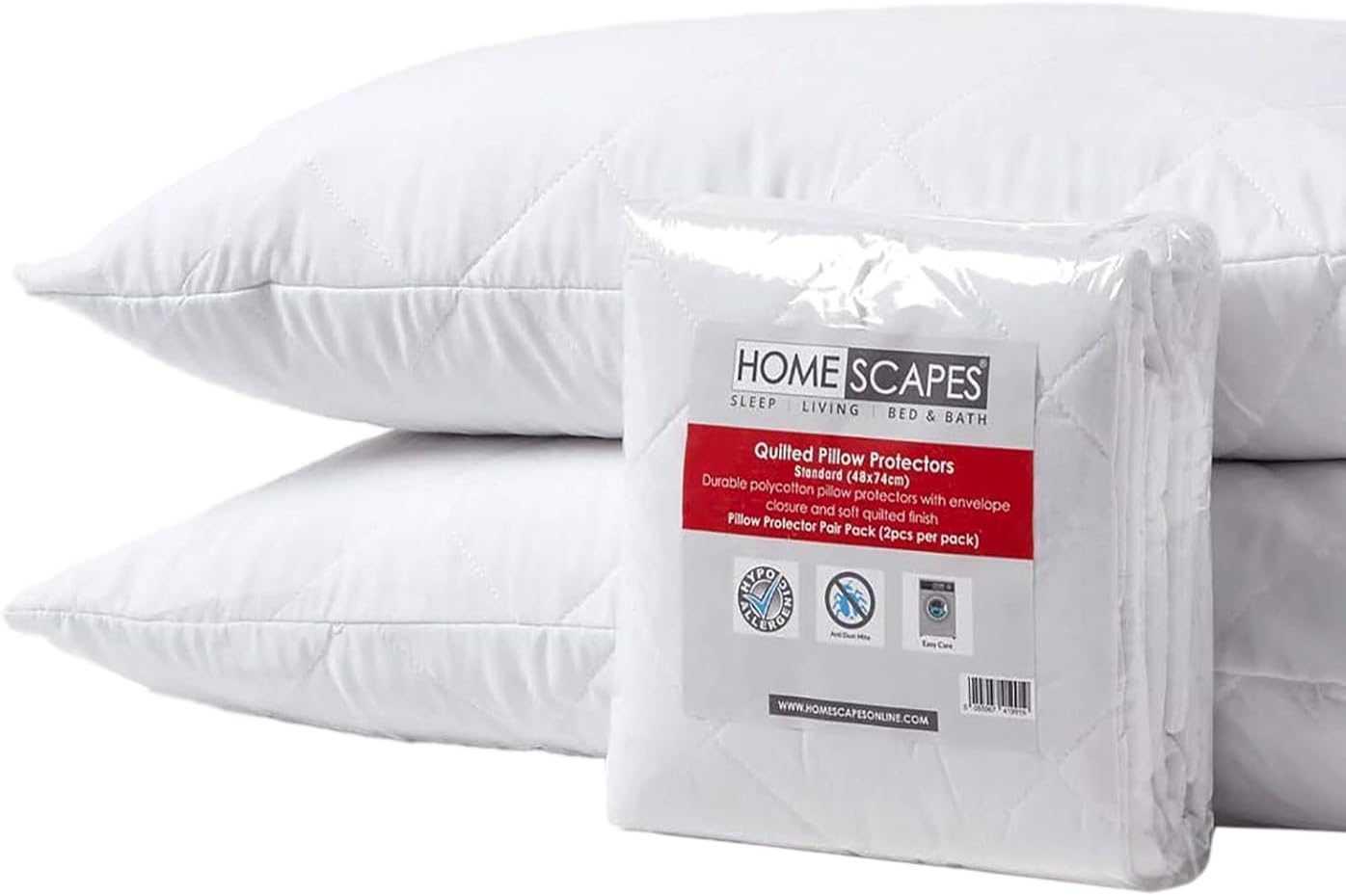 HOMESCAPES Pillow Protectors 2 Pack Quilted Top Pillow Covers Super Soft Hypoallergenic and Anti-Dust Mite Protectors with Diamond Quilting 48 x 74 cm