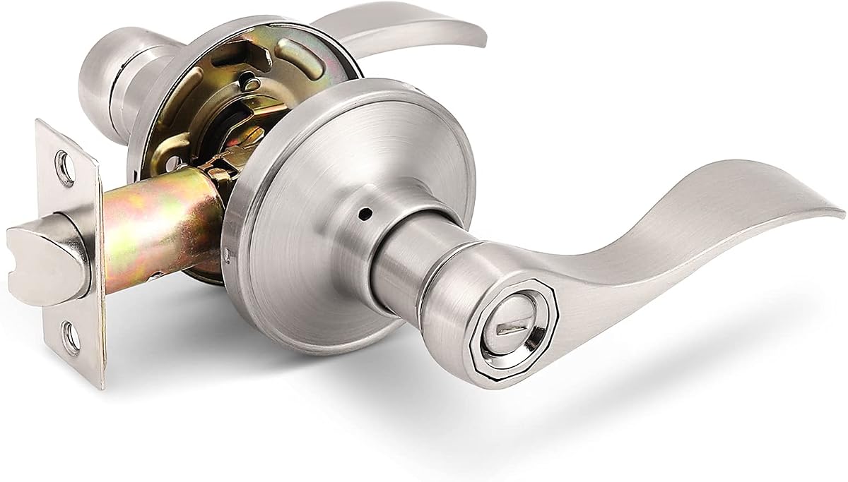 Gobrico Satin Nickel 1 Pack Privacy Door Lever Handle for Bedroom and Bathroom, Keyless Interior Wave/Drop Style Brushed Nickel Door Knob