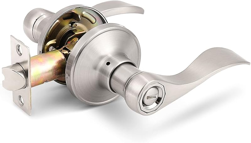 Gobrico Satin Nickel 1 Pack Privacy Door Lever Handle for Bedroom and Bathroom, Keyless Interior Wave/Drop Style Brushed Nickel Door Knob
