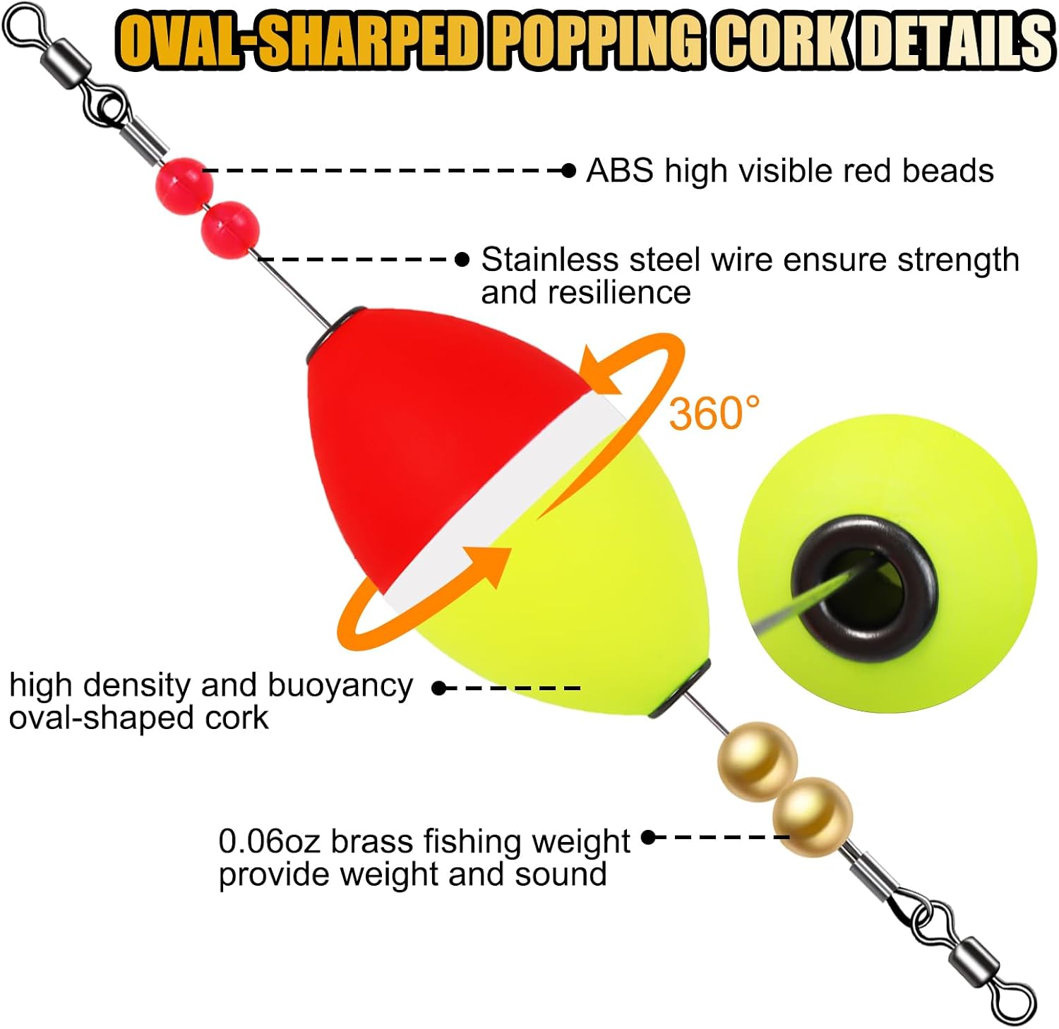 Popping Cork Fishing, Oval & Cup-Shaped Popping Corks with Brass Beads Fishing Bobber Floats Fishing Corks Popping for Saltwater Freshwater