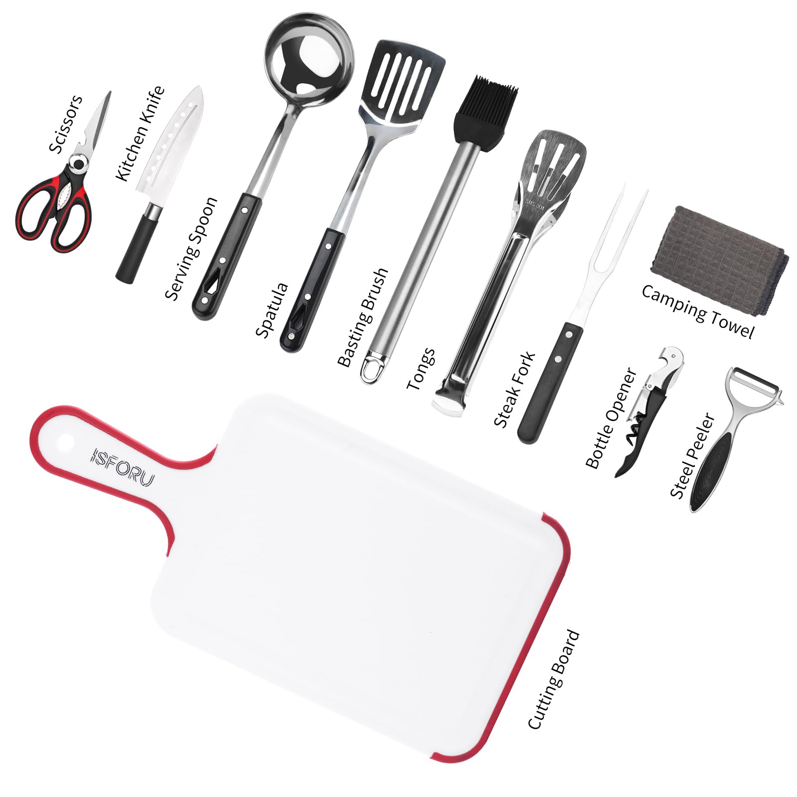 Camping Küchenhelfer Set, ISFORU 12PCS Camping Kochgeschirr Küchengerät Set mit Santokumesser Küchenscher Pfannenwender Zange Schöpflöffel Schneidbretter idea für Picknick Reisen Wandern