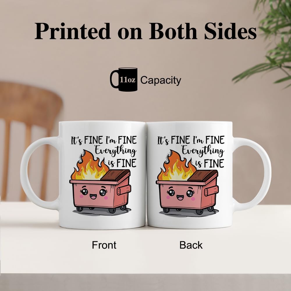 It's Fine Everything is Fine Funny 11oz Double-Sided Red Ceramic Mug, Dumpster Fire Coffee Mug for Women Men, Office Gifts for Colleague Friend, Sarcastic Birthday Gifts for Coworker Employee D - Image 3