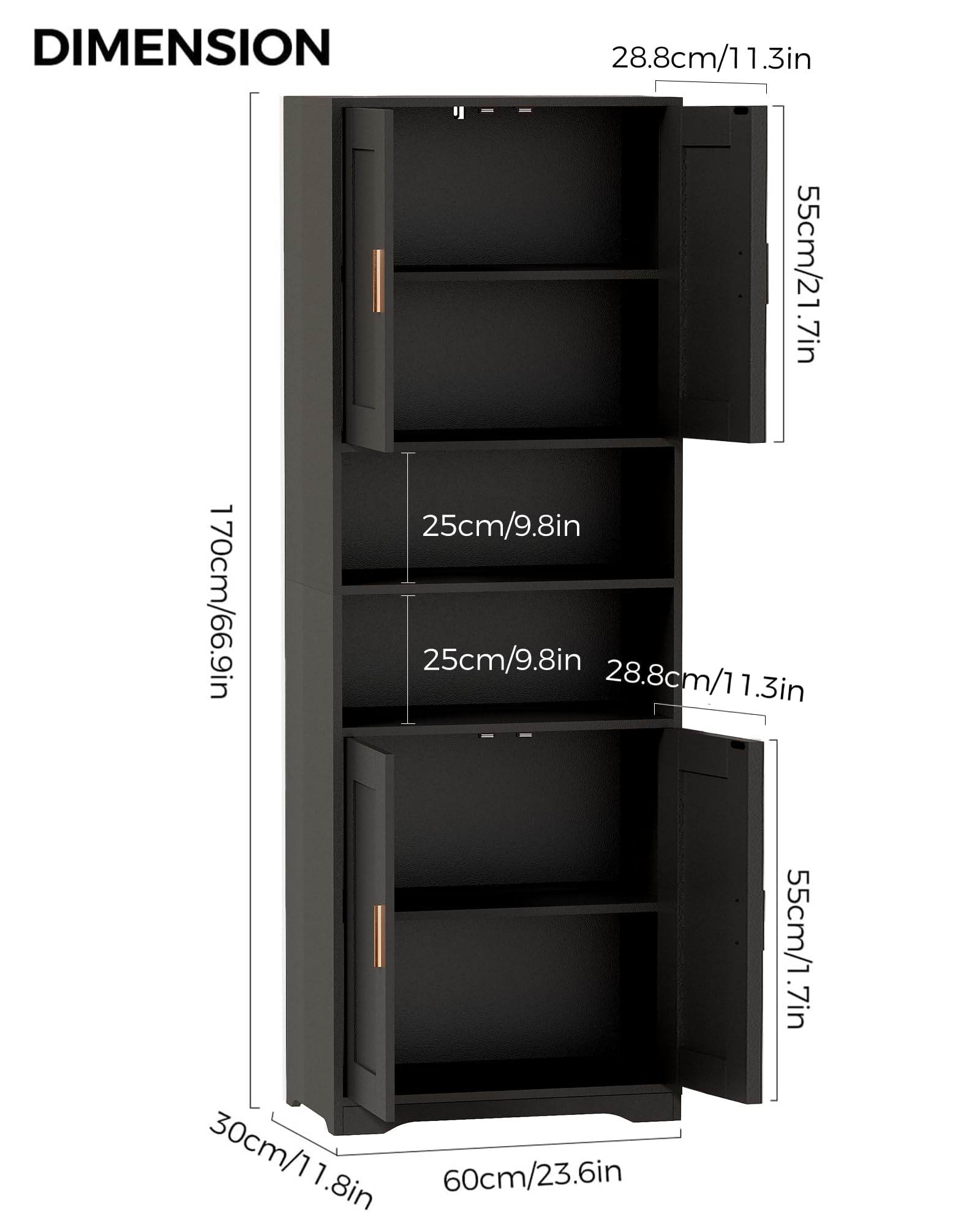 BEWISHOME Mobile Alto da Bagno,rredo Bagno, Mobiletto Bagno Salvaspazio, | Mobiletto Portaoggetti con Spazio Aperto, per Sala da Pranzo, Salotto, Soggiorno, Cucina 30x60x170cm Nero EYYG09B