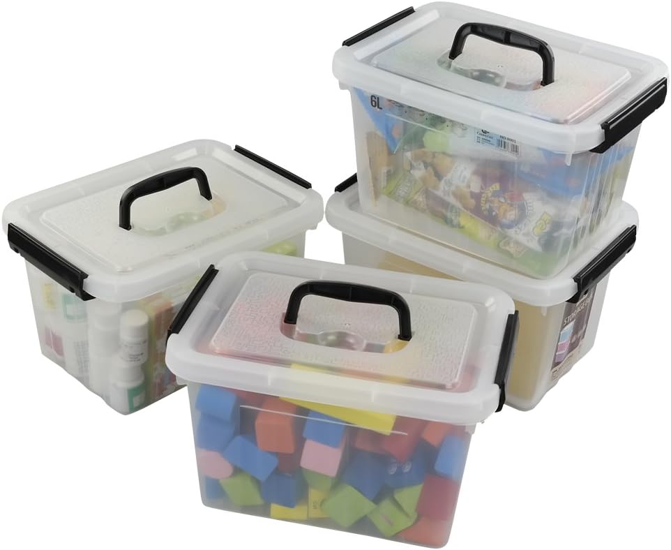 6 Quart Clear Latch Storage Box with Black Handle and Latches - 4 Pack