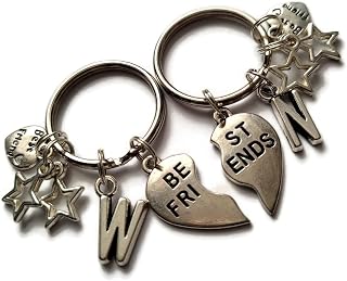 Personalised pair of BEST FRIENDS silver charm keyrings or bag clips add initial on each keyring gift, best friend forever birthday Xmas leaving school present, party bag favors