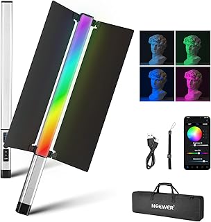NEEWER CL124 RGB Handheld LED Light Stick Light Wand with APP Control & Metal Barndoor, 360°Full Color 16W 2500K-10000K CRI97+ Photography Tube Light with 17 Preset Scenes LCD Display 2600mAh Battery