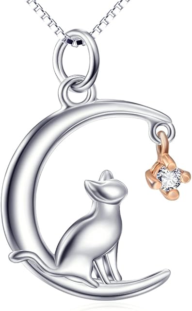 YAFEINI Cat Necklaces 925 Sterling Silver Rose Gold Moon and Cat Pendant Necklace Cats Jewellery Gift for Women,Girls