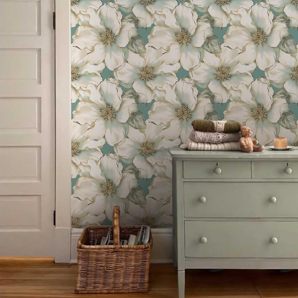 18"x236" White/Gold Large Magnolia Flower Peel and Stick Self Adhesive Wallpaper Removable Contact Paper Stick on Easy Peel Off Wall Paper for Kitchen Bedroom Bathroom Renter