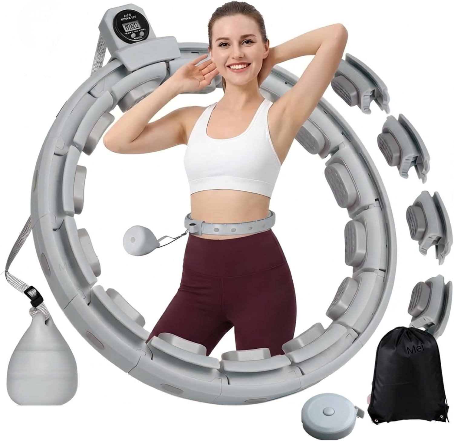 Smart Weighted Fitness Hoop with Digital Counter, 18 Removable Links Adjustable Infinity Exercise Hoop for Adults, 30-50 Inch Waist Circle Grey Workout Equipment for Weight Loss & Abdominal Training