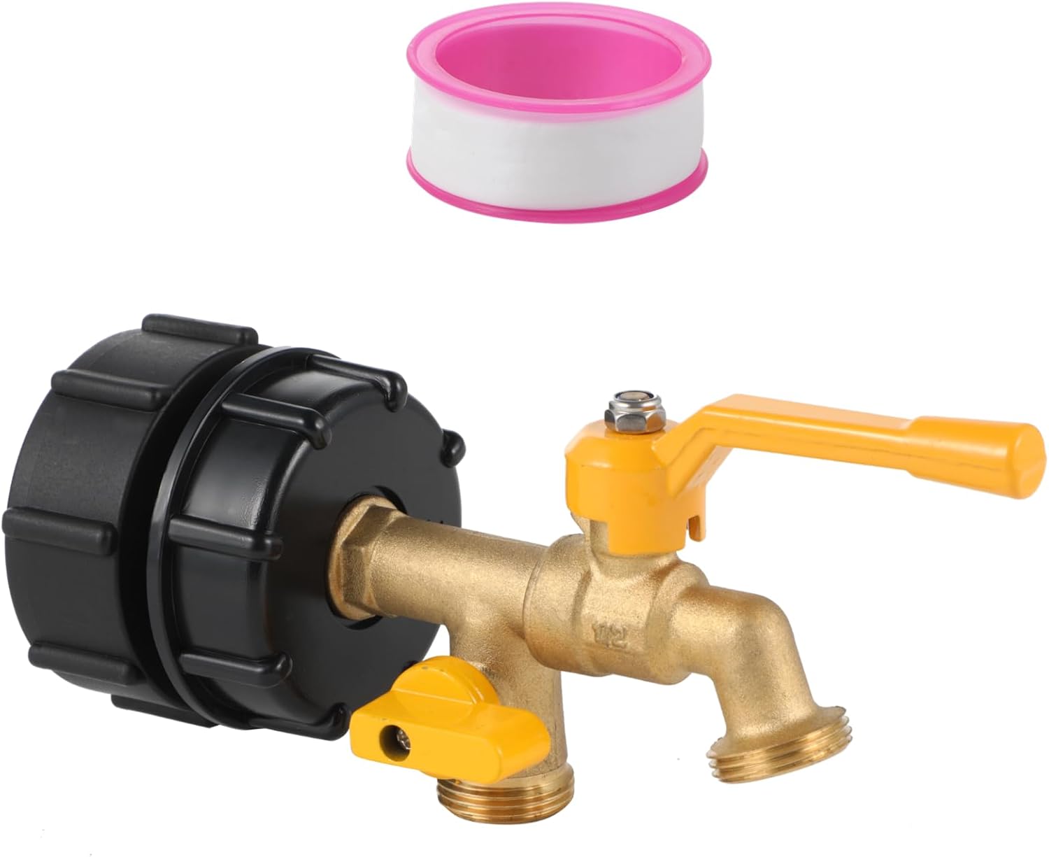 [275-330 Gallon] 2 in 1 Double Faucet IBC Tote Tank Faucet Adapter with G1/2 Thread, IBC Water Tank Fittings, 2.36" Thread Connectors with 2 Faucets for Garden Hose