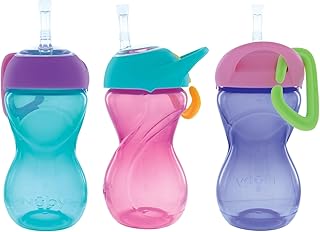 Nuby No-Spill Clik-It Flexi Straw Sippy Cup with Easy Grip - (3-Pack) 10 oz - Baby Sippy Cup for 6+ Month Old - Aqua/Pink/Purple