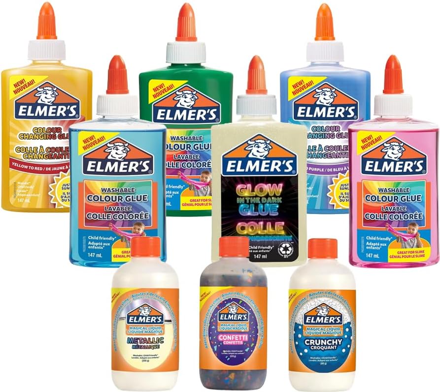 FNXElmer's Jumbo Slime Kit | Assorted Colours, Textures & Effects | Includes Crunchy, Metallic & Confetti Activators | Colour Changing & Glow-in-The-Dark PVA Glue (Bottles in Plain Box)