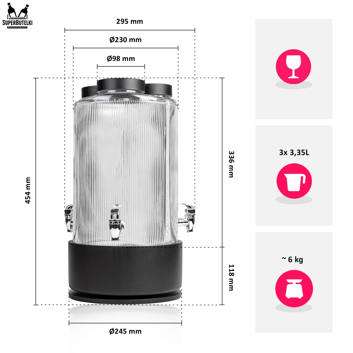 Juego de 3 dispensadores de bebidas de 3,35 L con soporte de metal y grifo (3 x 3,5 L, grifo de acero negro)