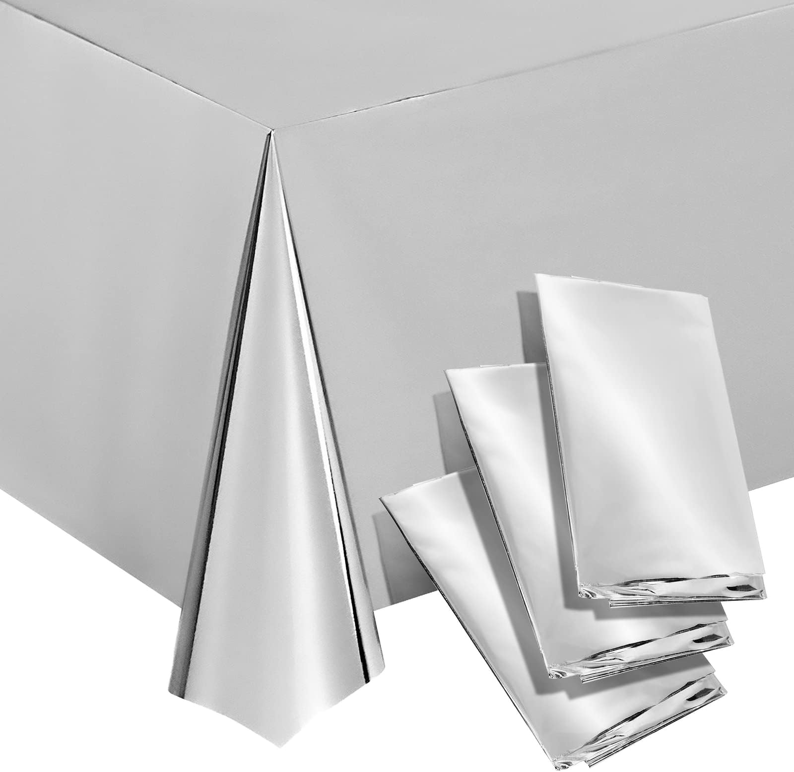 Juvale 3 Pack Metallic Silver Plastic Tablecloth for Birthday Party Decorations (Shiny Foil, 54x108)