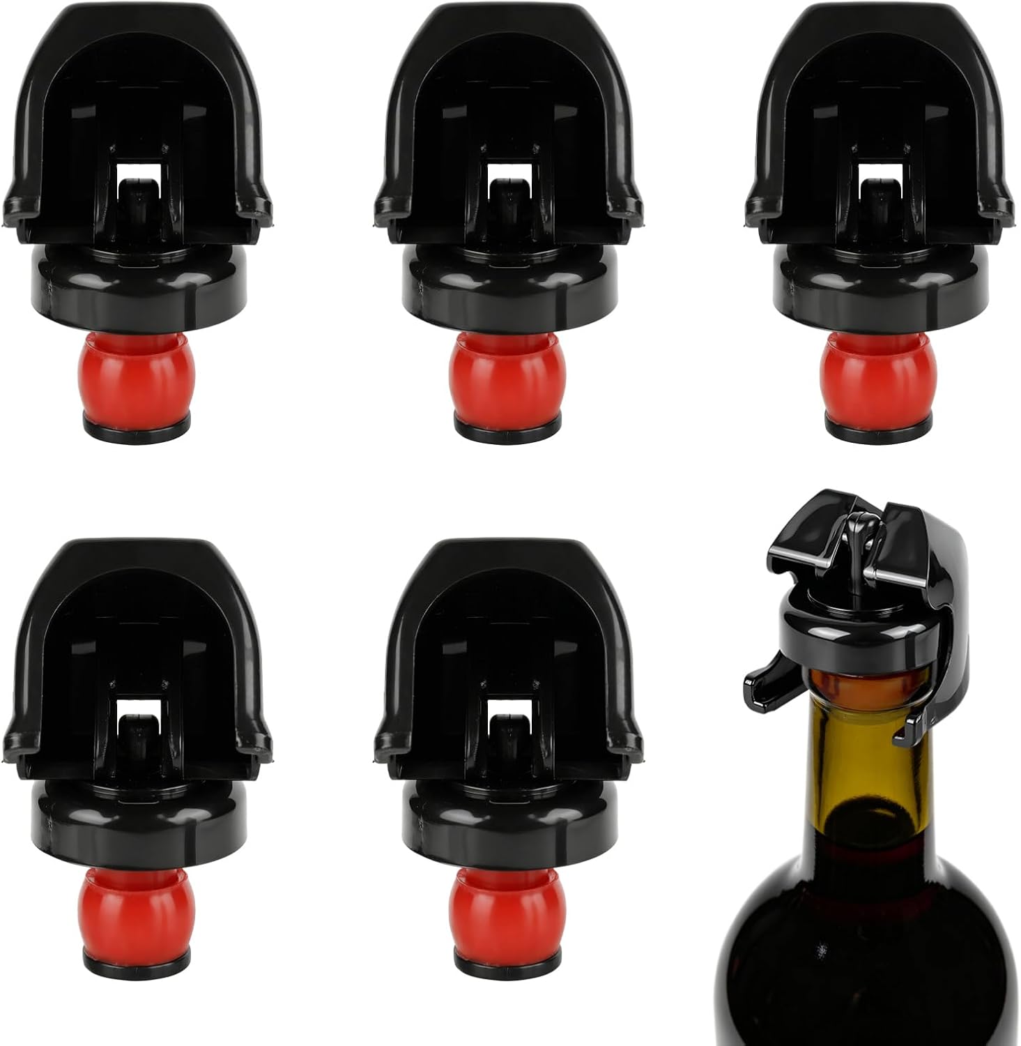 5PCS Champagne&Wine Bottle Stoppers, Reusable Plastic Wine Corks Stoppers Bottles Caps Champagne Stoppers with Silicone Airtight Seal for Champagne Cava Prosecco and Sparkling, Black