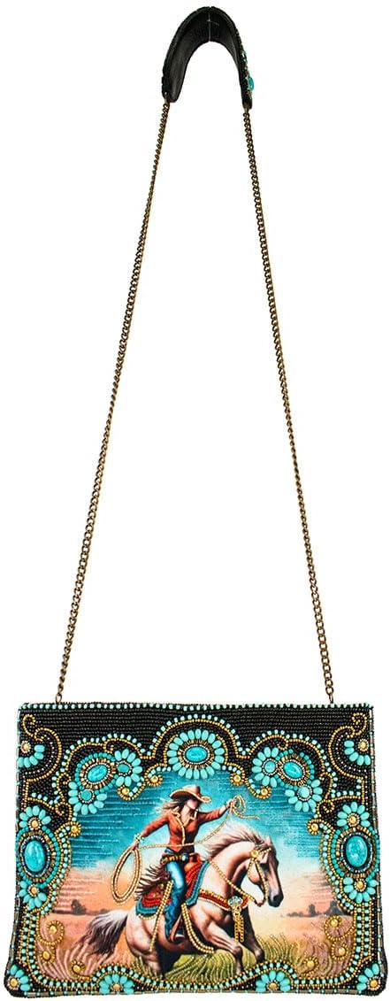 Mary Frances Cowgirl Beaded Crossbody Handbag with Western Rodeo Motif and Turquoise Accents Novelty Statement Clutch Bag, Multicolor