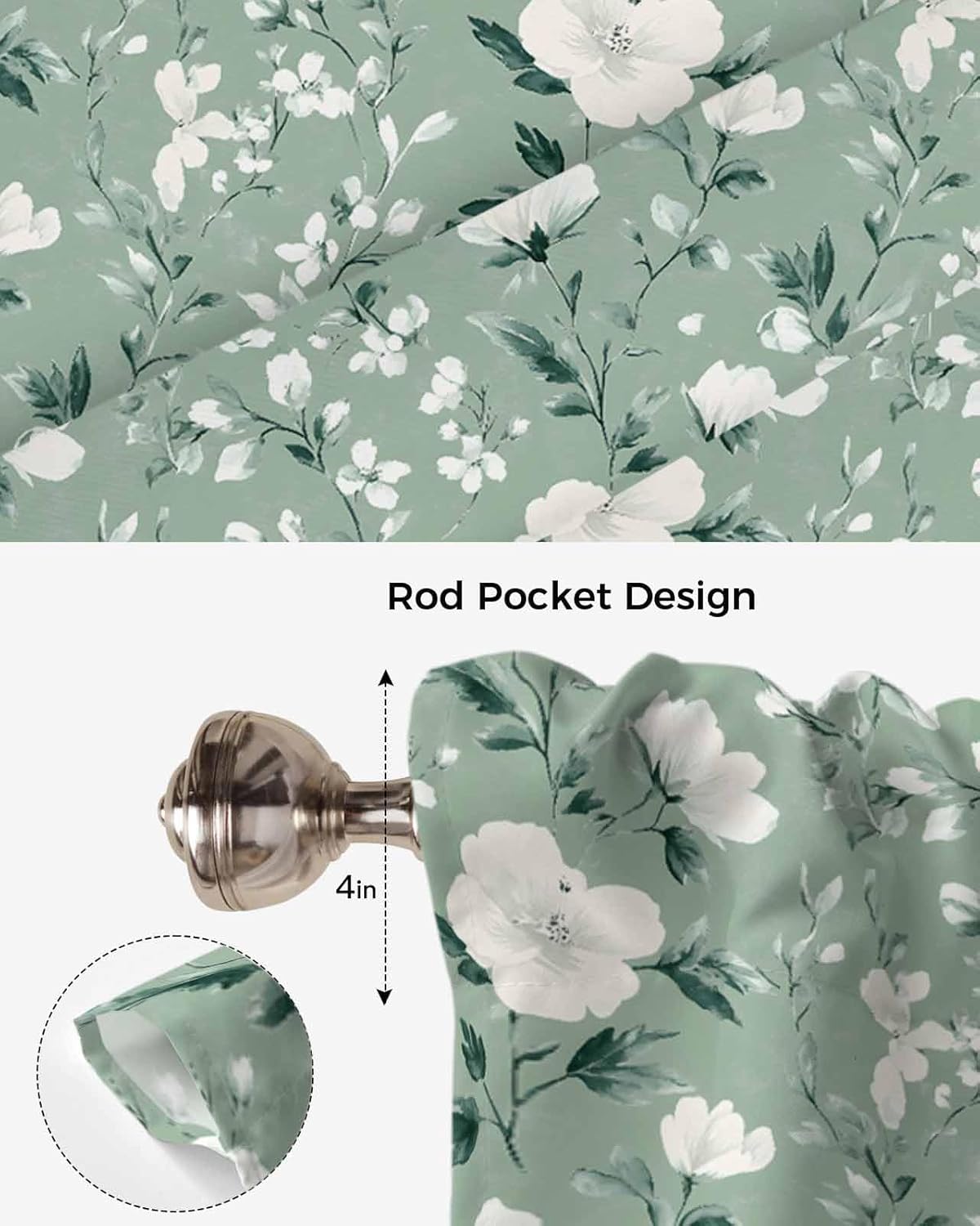 Tie Up Curtains for Windows Rustic Wild Floral Rod Pocket Tie-Up Window Shade Adjustable Balloon Curtain Valance French Green Vintage Camellia Flower for Bedroom Kitchen Bathroom Blinds,34x45in