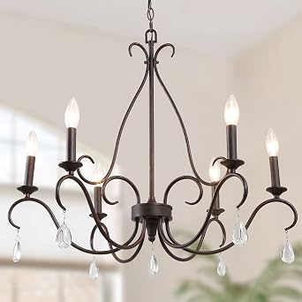 LALUZ Rustic Farmhouse Chandelier, 6-Light Bronze French Country Chandeliers with Crystal Pendants for Dining Room, Living Room, Kitchen, 28