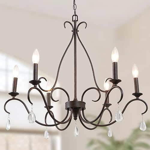 LALUZ Rustic Farmhouse Chandelier, 6-Light Bronze French Country Chandeliers with Crystal Pendants for Dining Room, Living Room, Kitchen, 28''