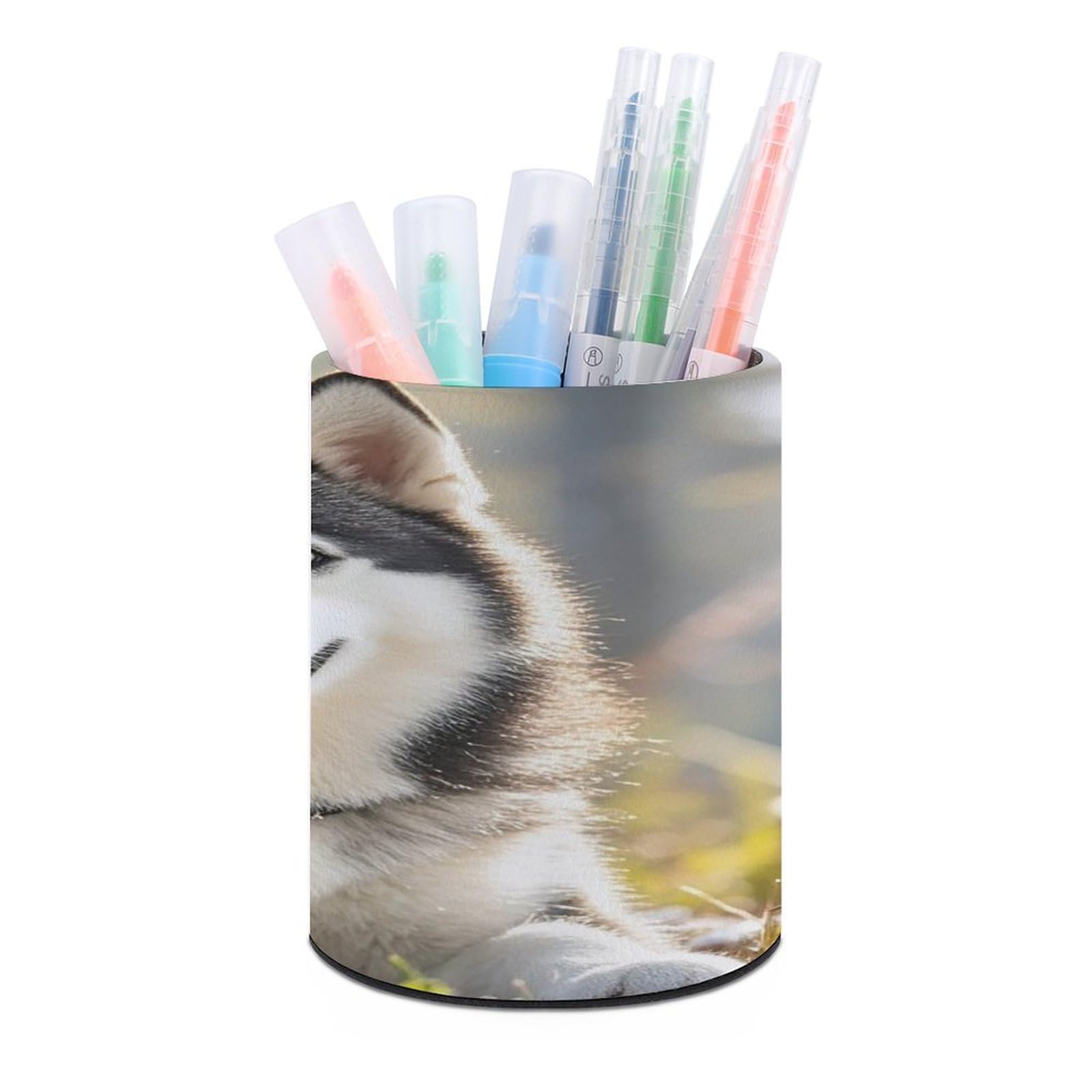 FekiLoot Round Adorable Huskies Pen Holder for Desk PU Leather Waterproof Pencil Cup Stand Minimalist Makeup Brush Storage Organizer Desktop Stationery Container Accessorires