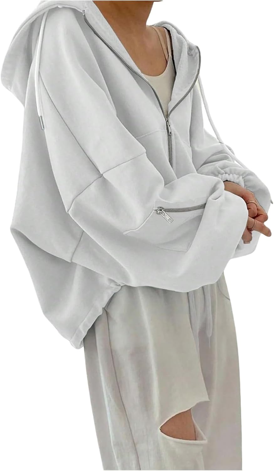 RoseSeek Women's Zip Up Drawstring Hoodie Long Sleeve Drop Shoulder Loose Sweatshirt Outerwear