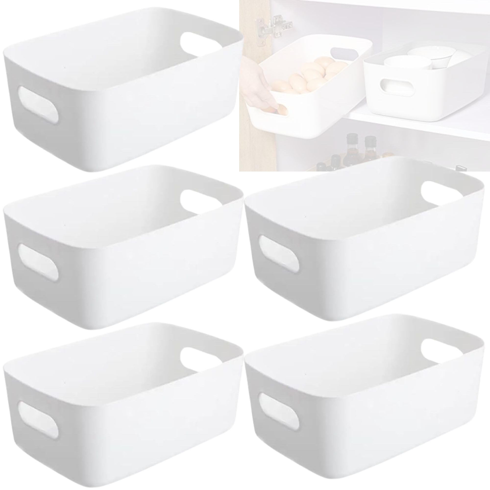 Packung mit 5 Aufbewahrungskörben mit Griff rechteckiger Organizer für Haushalt und Küche, robuste Aufbewahrungsboxen aus Kunststoff, 3 Größen (klein (20,5 x 14,5 x 7,5 cm), 5 Stück, weiß)