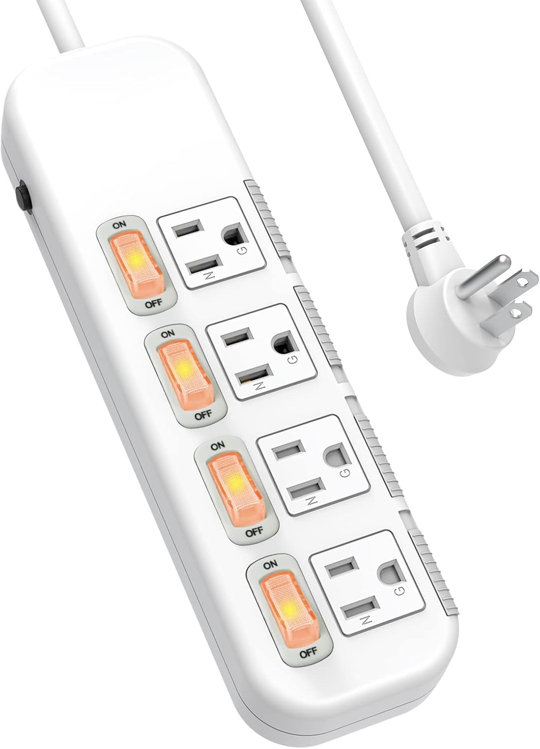 Flat Plug Power Strip Individual Switches, Extension Cord 6 feet, 4 Outlets, Surge Protector 300J, White, Baby Proof Outlet Cover