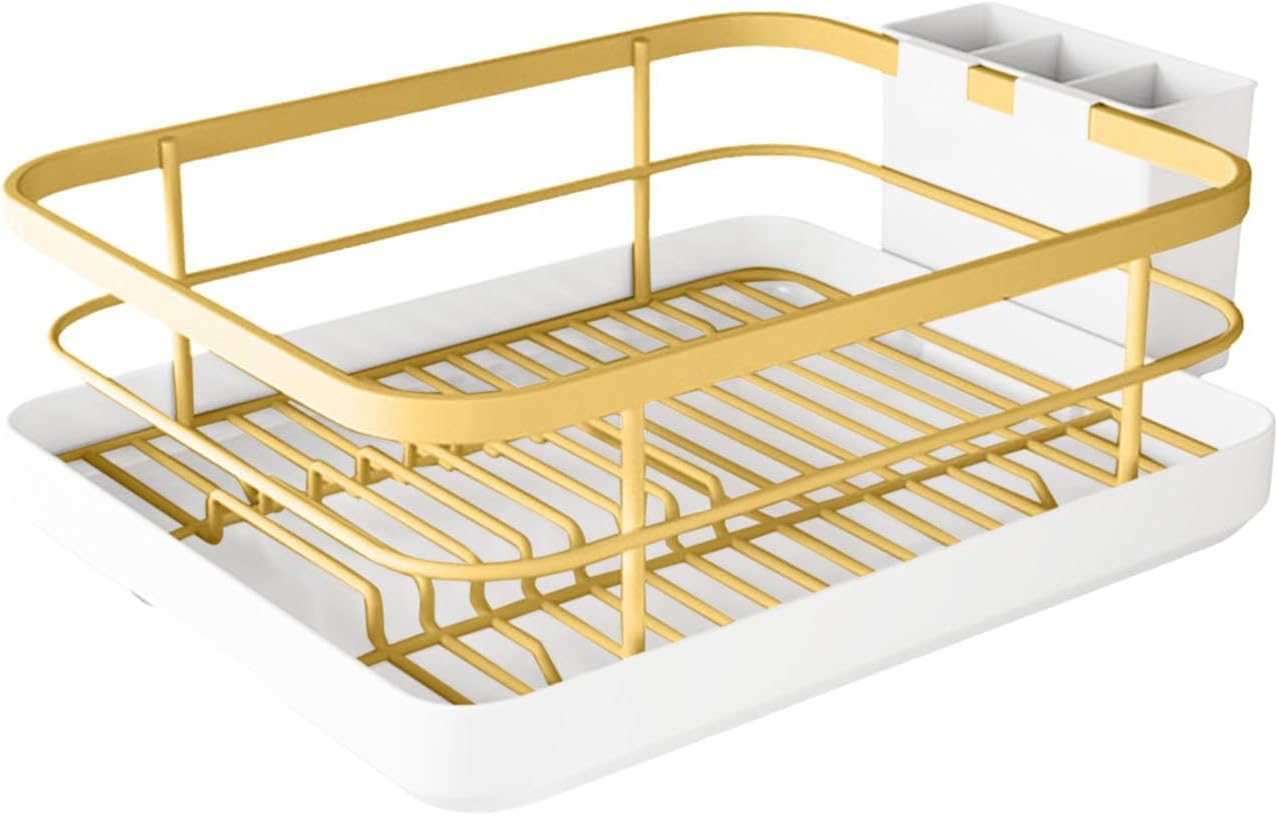 Dish Drying Rack, Multi-Function Dish Racks for Kitchen Counter, Carbon Steel Dish Rack with Cutlery Holder and Drip Tray, Space-Saving Kitchen Organizer (Gold)