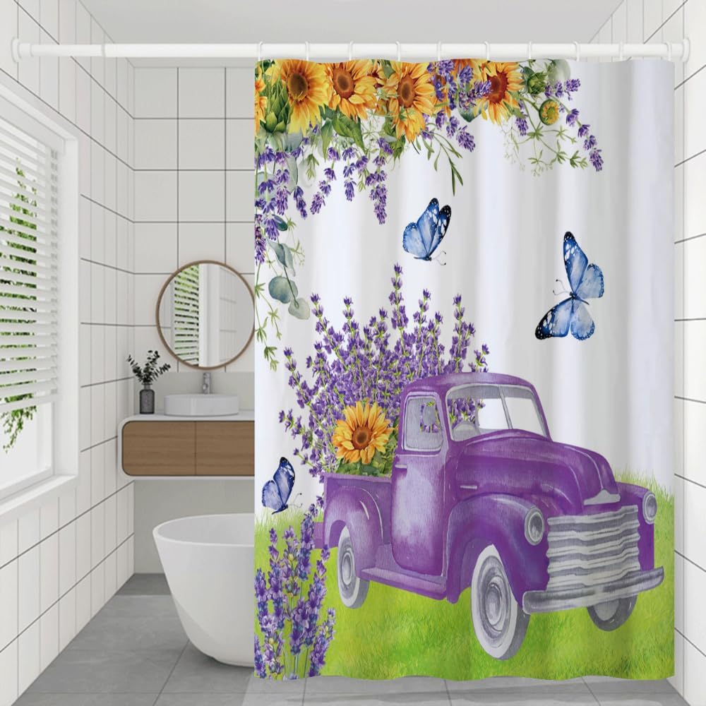Farmhouse Lavender Shower Curtain Country Purple Truck Sunflowers Butterfly Bath Curtains Rustic Vintage Farm Grassland Bathtub Accessories Decor Fabric with Hooks, 72x78 Inch