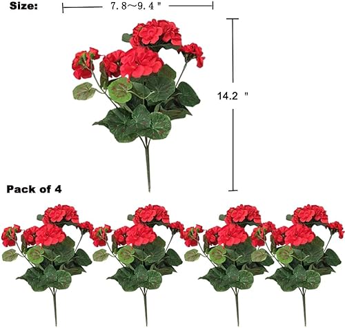 Miniatura 5 de 4 piezas de flores artificiales de geranio de seda sintética roja, arbustos florales de geranio de 14.2 pulgadas para decoración al aire libre,