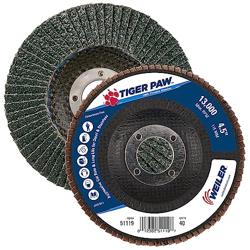 Image of Weiler 51119 4-1 /2 inch Tiger Paw Abrasive Flap Disc, Angled (Ty29), Phenolic Backing, 40Z, 7 /8 inch Arbor Hole (Pack of 10)