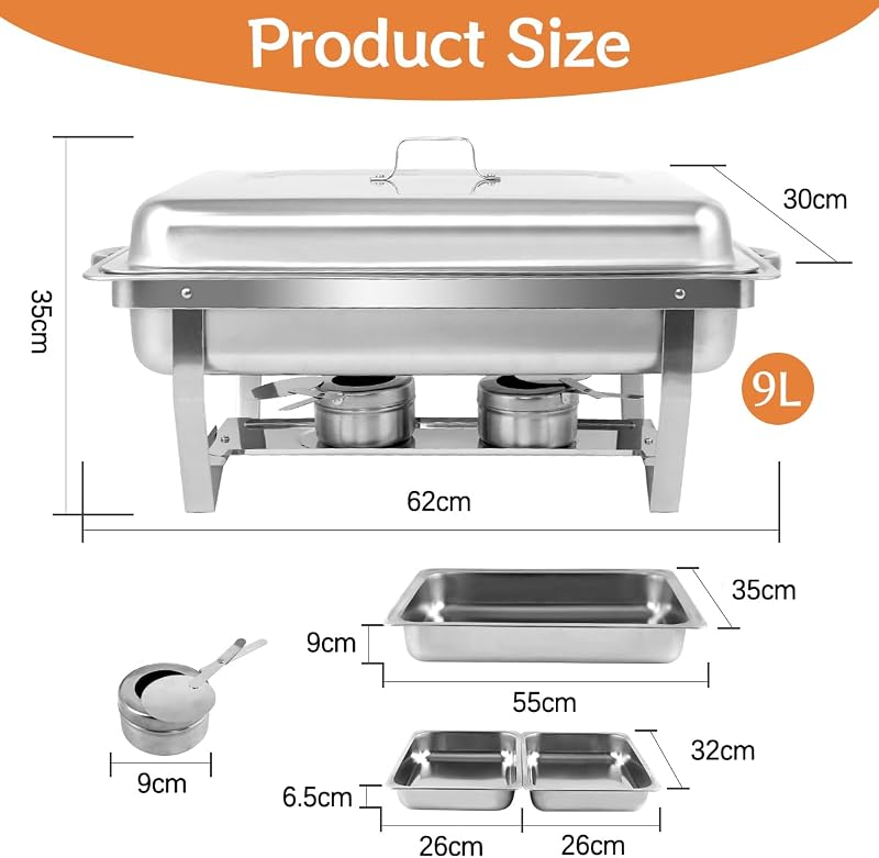 Snowtaros Melegentartó Edénykészlet 9L Rozsdamentes Acél Chafing Dish 4 Tálcával Büfé Esküvő Party Rendezvény