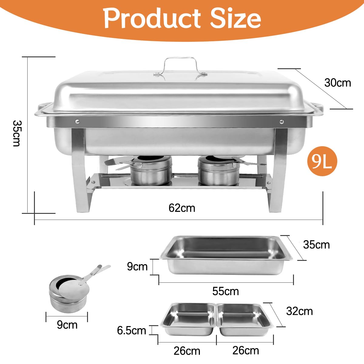 Chafing Dish Set, Wärmebehälter für Speisen, 9L Edelstahl Warmhaltebehälter Essen, Speisenwärmer für Buffet, Partys, Hochzeiten (4PCS, 8 x GN 1/2)