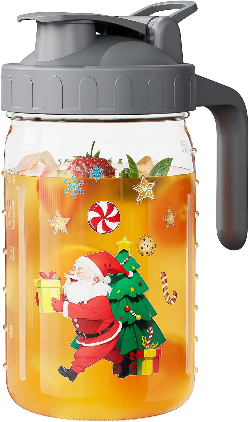 Christmas Elements Breast Milk Pitcher, Mason Jar 32 oz, Heavy Duty Wide Mouth Jar with Grey Flip Cap Lid and Pour Spout, Airtight Seal for Freshness and Convenience, Great for Cold Beverages