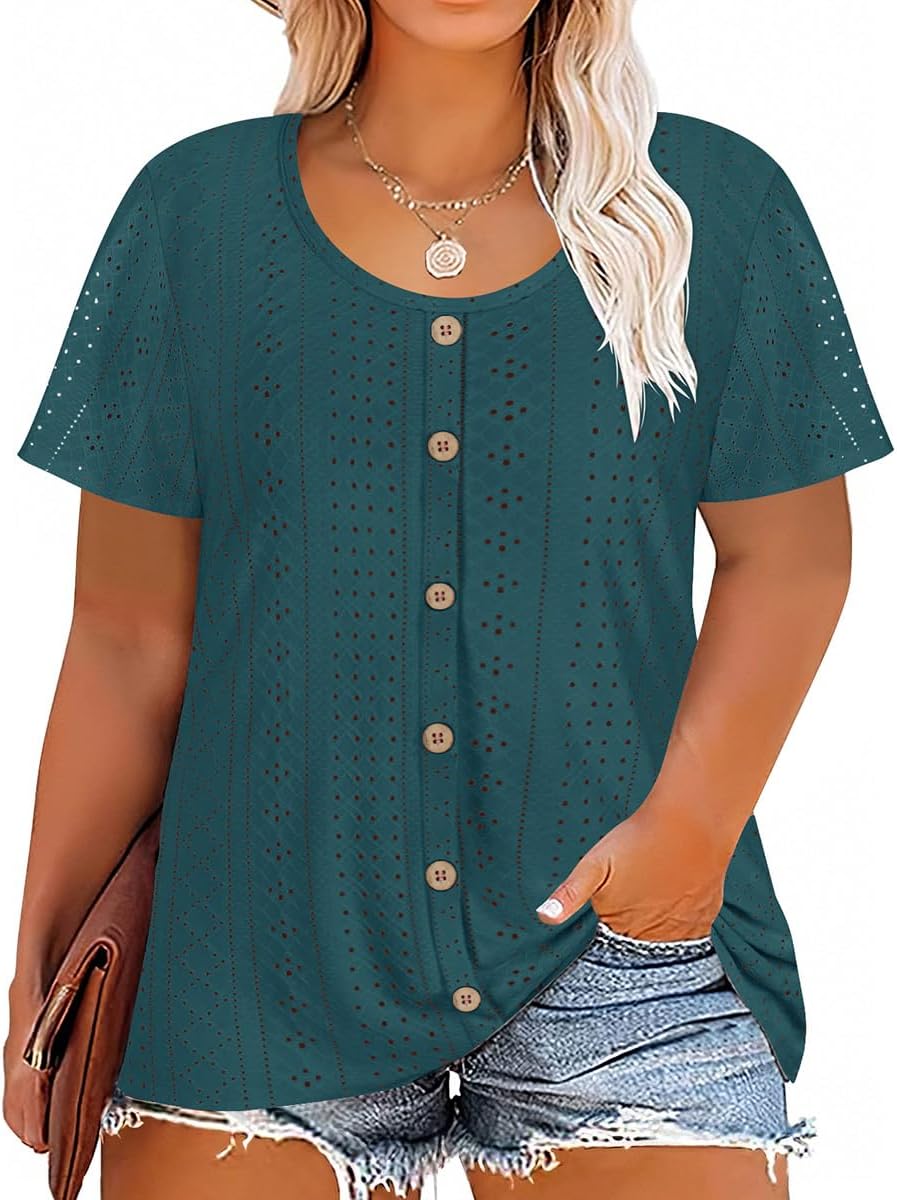 RITERA Plus Size Tops for Women Crewneck Neck with Button Up Short Sleeve Embroidery Henley Tshirt Casual Basic Shirt XL-5XL