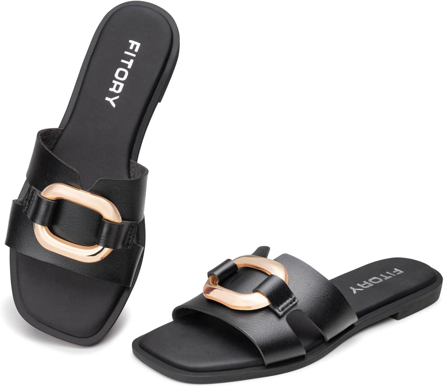 FITORY Women's Flat Sandals Fashion Square Open Toe Slides With Metal Chain Slippers for Summer Size 6-11