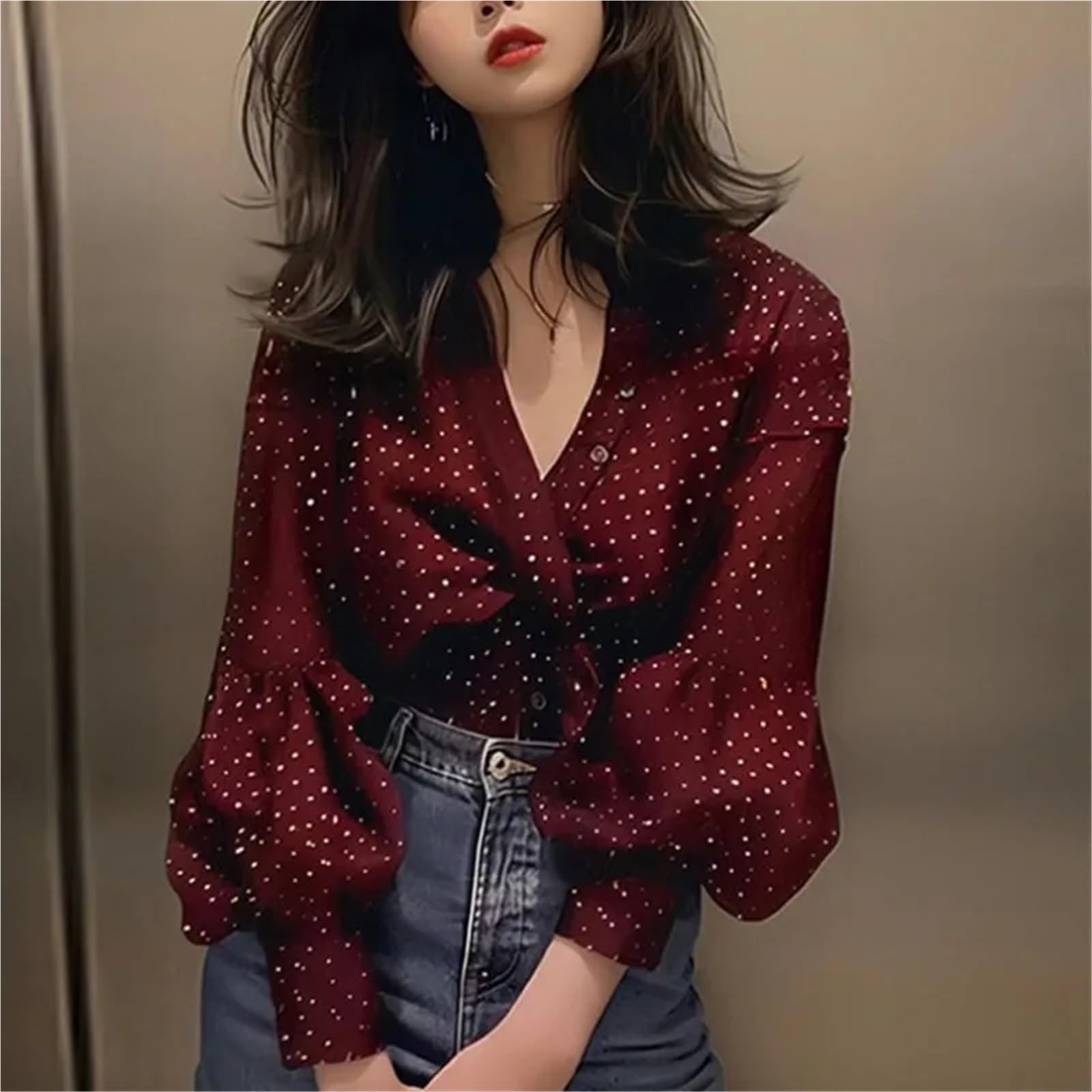 Camicia A Pois da Donna Blusa da Ufficio for Donna, Primavera ed Estate, Semplice, Ampia, in Chiffon a Pois, a Maniche Lunghe, Tinta Unita, con Scollo a V e Bottoni.