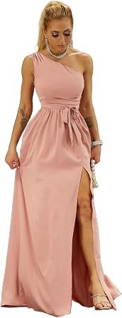 SKAYS Womens One Shoulder Formal Dress Long Elegant Bridesmaid Modest Belted Wedding Guest Maxi Dress with Slit