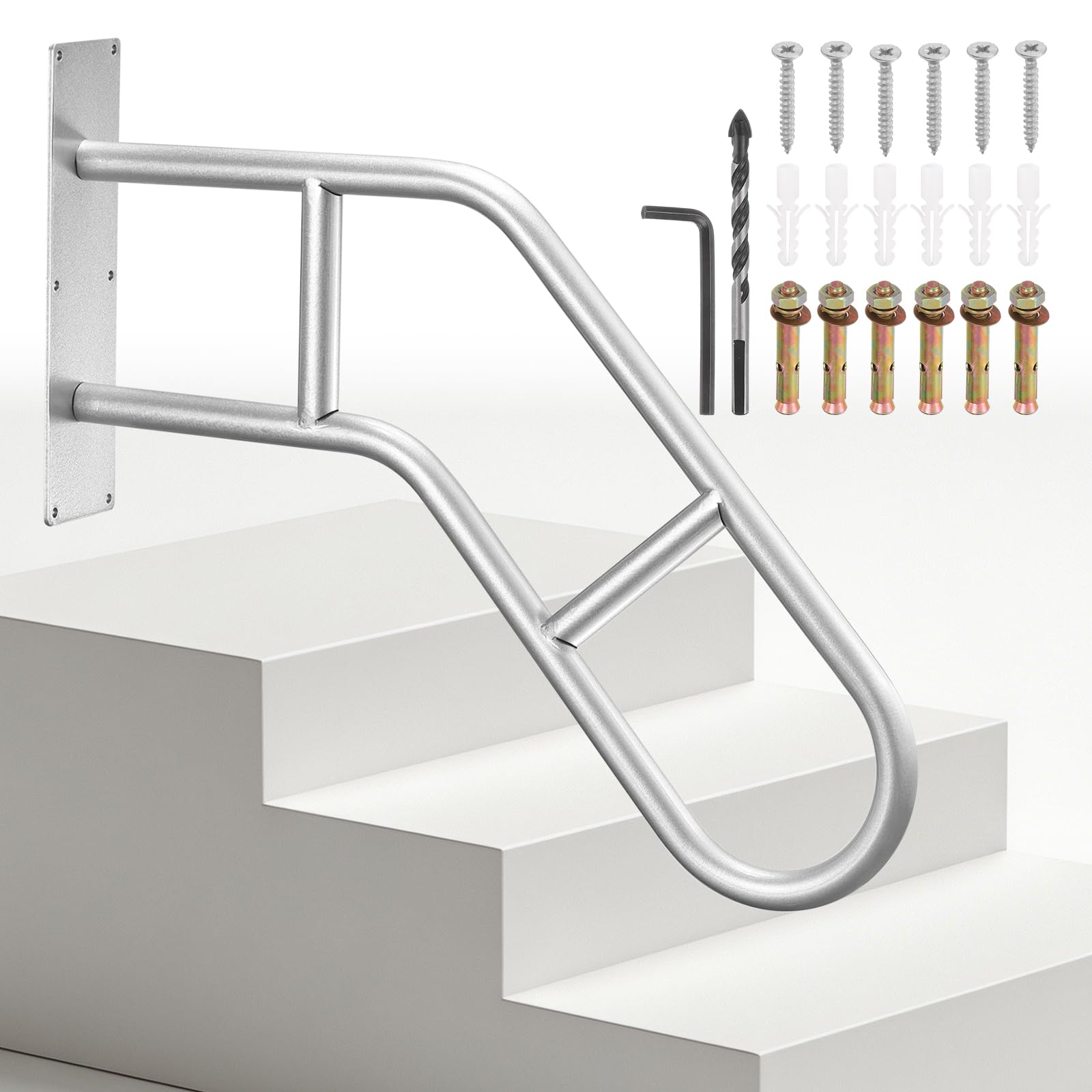 Barre appui escalier en U avec double renfort et poignée antidérapante 58 cm fixation murale