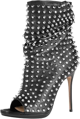 FSJ Women Studded Rivets Peep Open Toe Stiletto High Heel Slouchy Ankle Boots Cocktail Nightclub Party Outfit Shoes Size 4-16 US