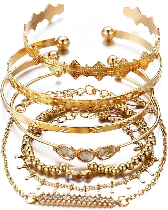 RAOPNHS 7 teiliges Gold Armband Set für Wahrsagerin Kostüm und Piraten Schmuck damen Böhmische Armketten als Wahrsagerin Accessoires und Pirat Accessoires Damen für Karneval Fasching Party Cosplay