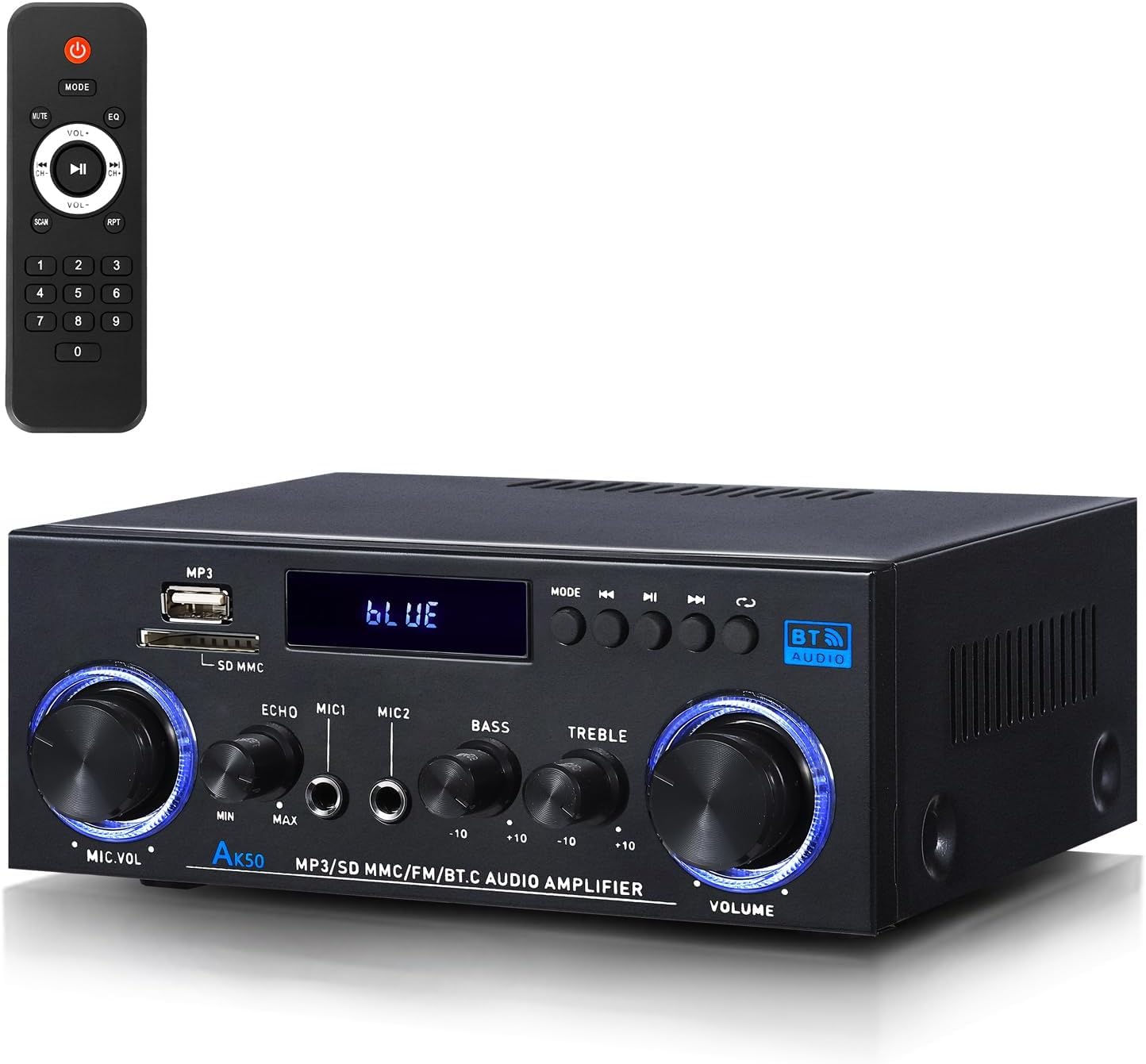 AK50 wzmacniacz HiFi, domowe audio, odbiornik stereo 400 W, domowy 2-kanałowy system wzmacniacza mocy Bluetooth 5.0, radio FM, USB, karta SD, z pilotem zdalnego sterowania, do głośników kina domowego