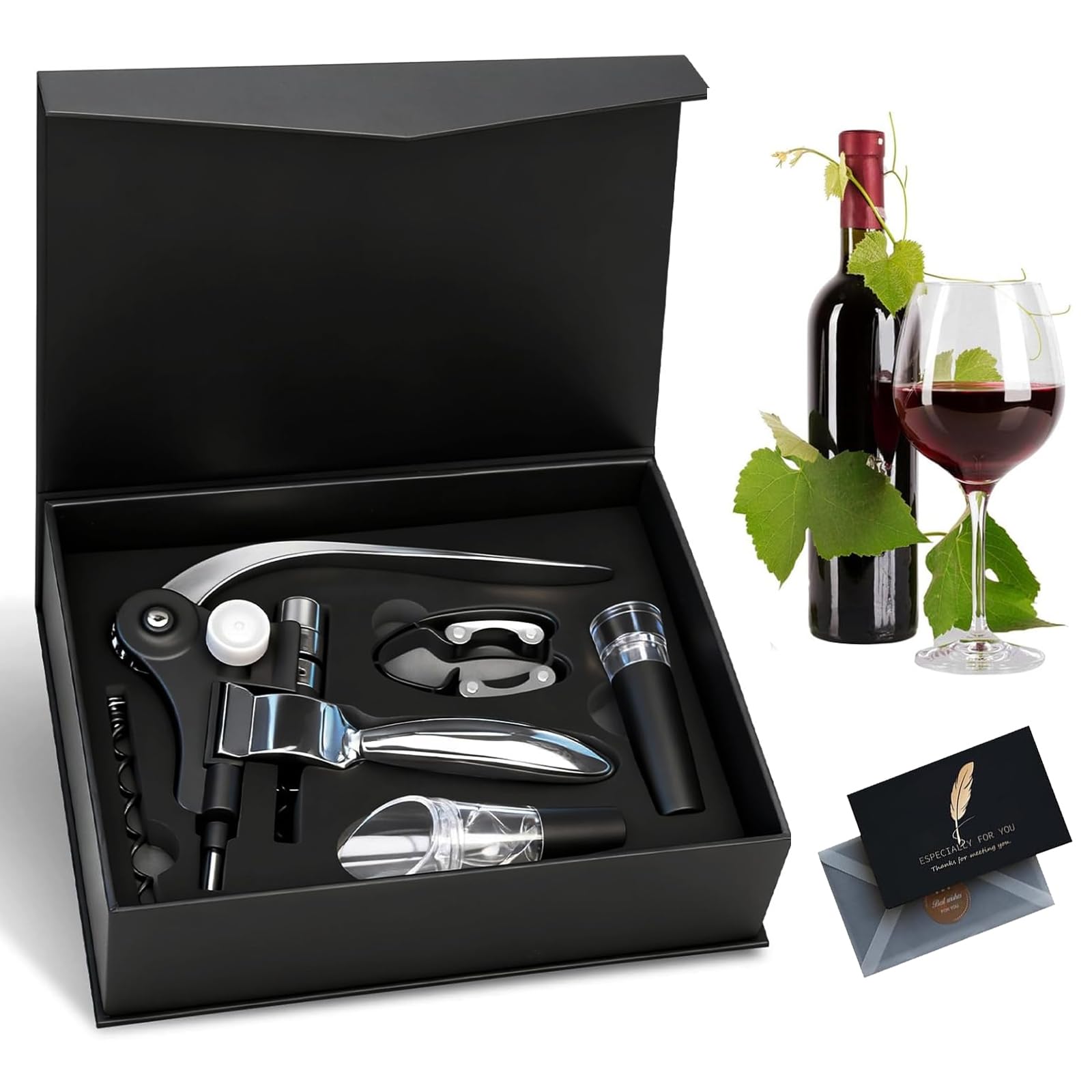 Sacacorchos Set Vino Accesorios 5 Pcs ZUSUZU, Abridor de Vino, Set de Accesorios para Vino, Abridor de Vino de Conejo, con Caja Regalo, Juego de Sacacorchos para Amantes del Vino