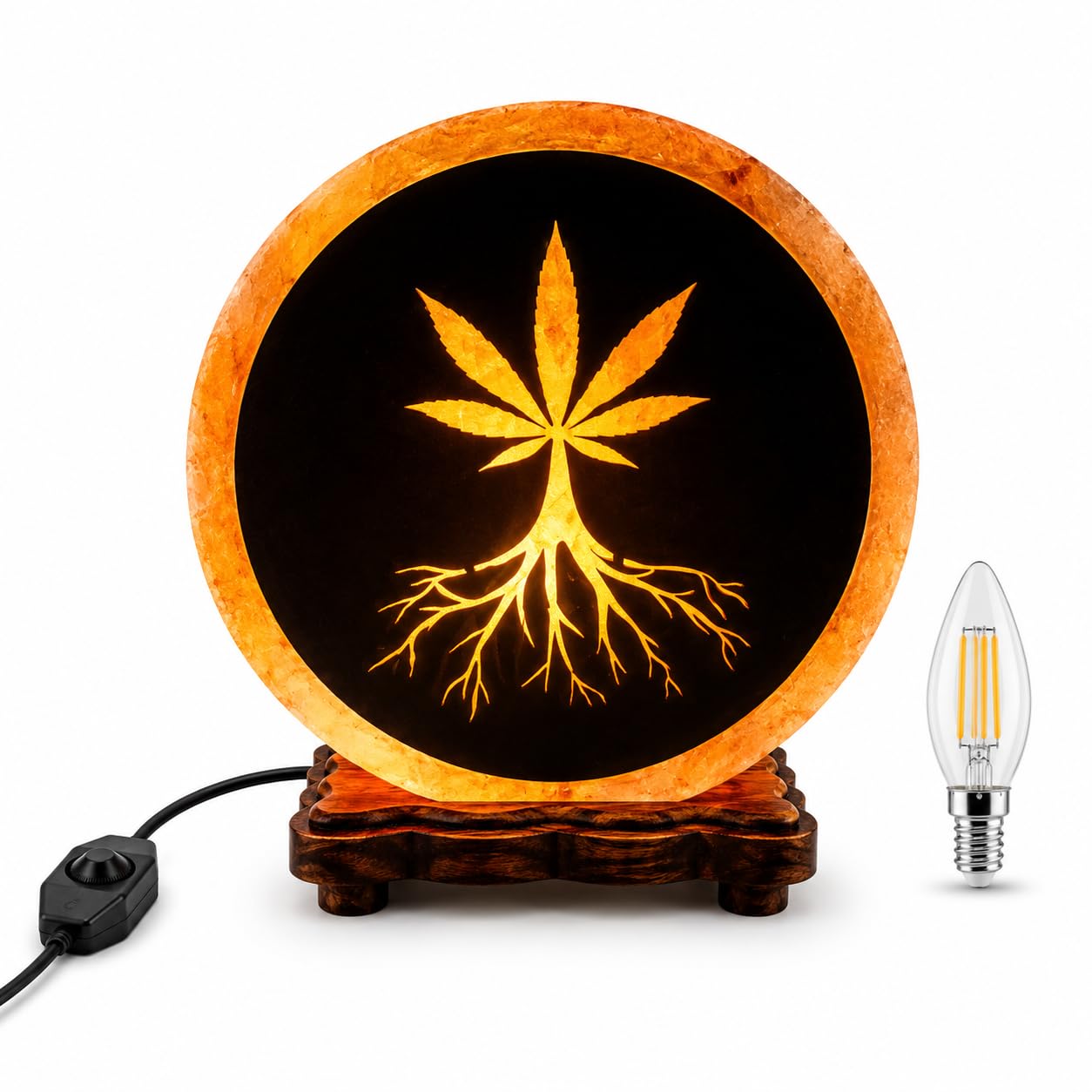 Apex Homeware Himalayan Salt Lamp Natural Pink Crystal Rock Salt Light with Wooden Base, Dimmable E14 Bulb, Dimmer Switch and UK Plug, Home Decor Night Light, Cannabis Leaf Lamp