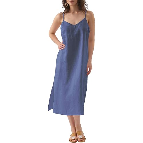 Amazhiyu Women's Pure Linen Summer Midi Split Slip Dress | V Neck, Spaghetti Strap, with Pockets