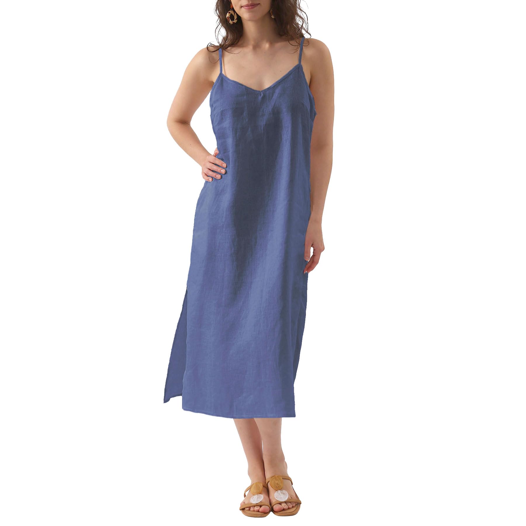 Amazhiyu Women's Pure Linen Summer Midi Split Slip Dress