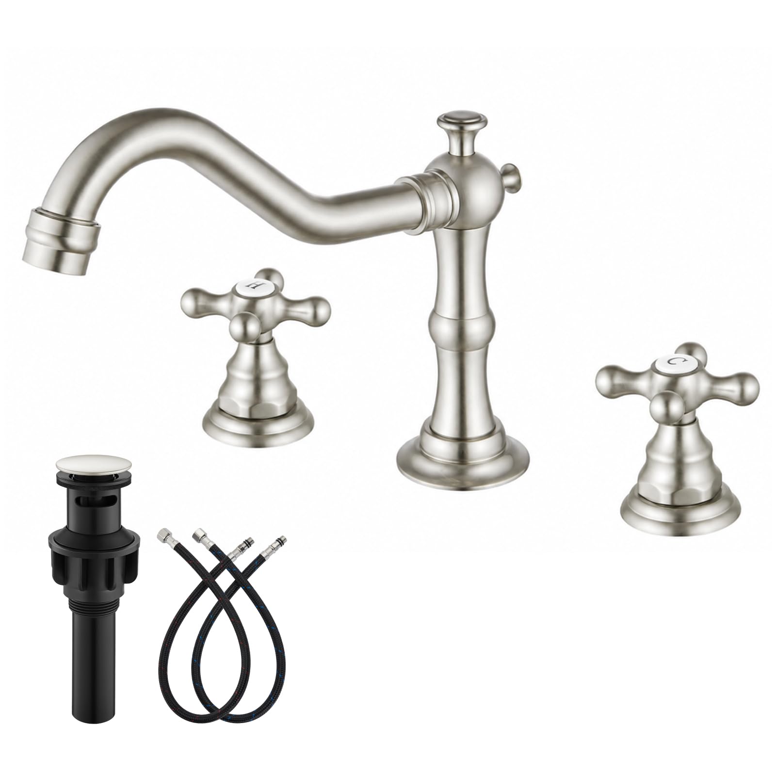 gotonovo Brushed Nickel 3 Hole Bathroom Sink Faucet Two-Handle with Pop Up Drain Deck Mount Widespread Double Cross Knobs Mixing Tap — image 1