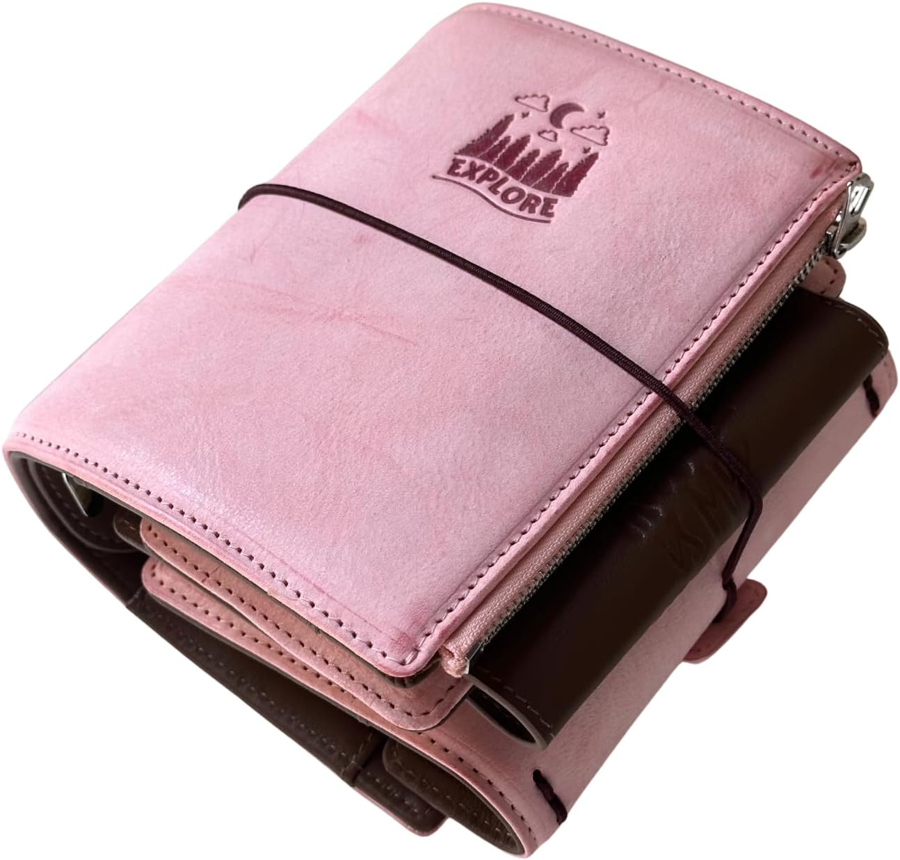A7 Pocket Size Organizer Genuine Italian Alaska Leather Refillable Journal,Stalogy Rings Planner, 3-Fold Style with 25mm Ring Binder, TN Passport Compatible (Pink Wax)